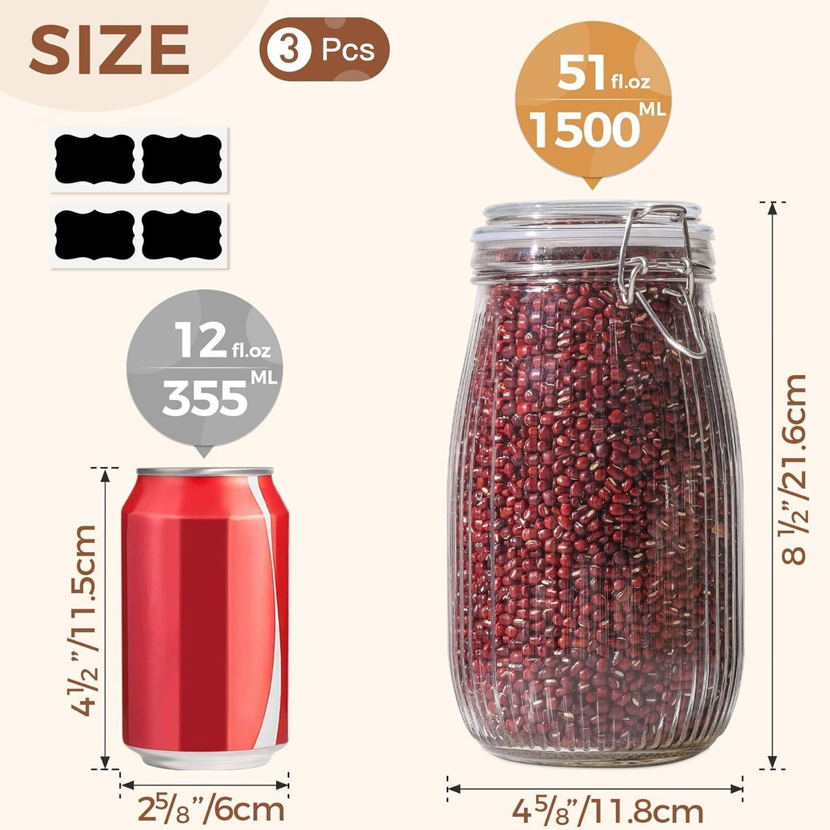 ComSaf Airtight Glass jar with lid 51oz Set of 3, Glass Storage Containers with Lids, Large Glass