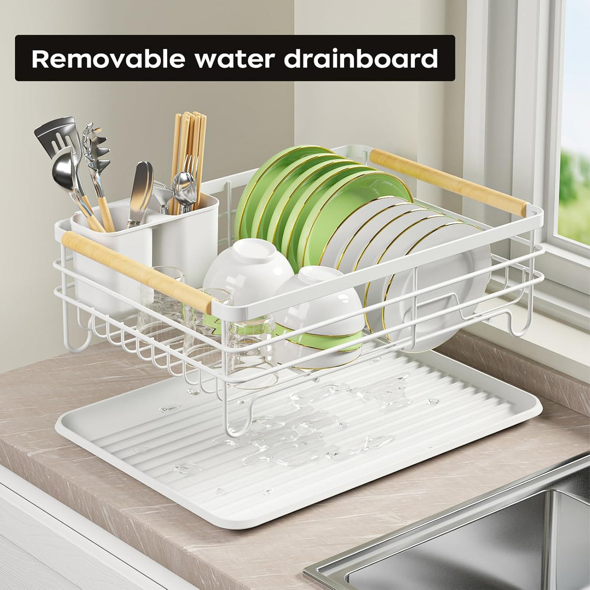Dish Racks for Kitchen Counter: Wooden Handles, Thickened Metal, No Assembly. Small Dish Drying