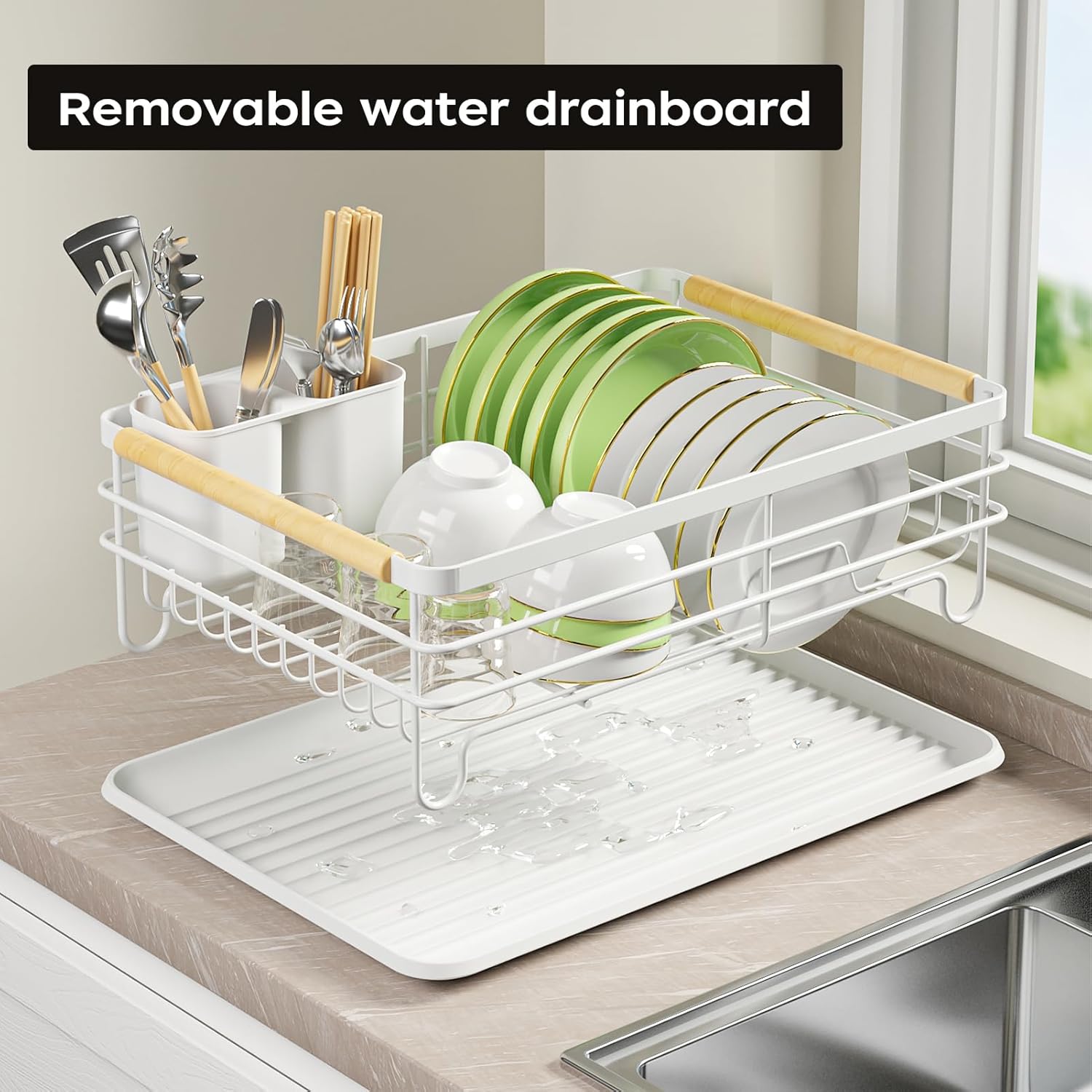 Dish Racks for Kitchen Counter: Wooden Handles, Thickened Metal, No Assembly. Small Dish Drying