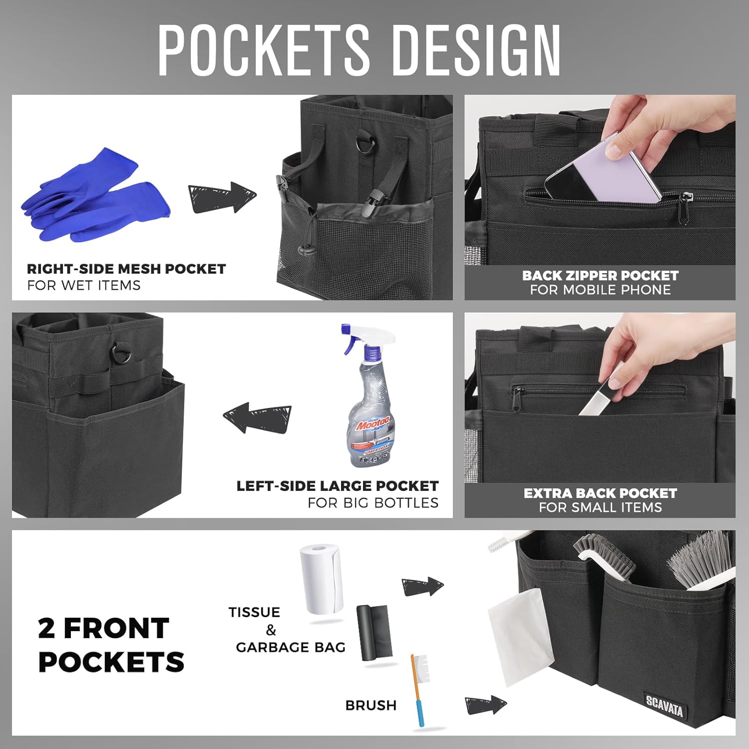 Compact Wearable Cleaning Caddy, Small Supplies Organizer with Handle & Shoulder Straps for