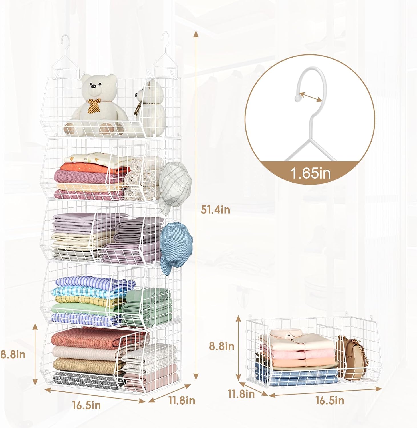 5 Tier Extra Large Closet Hanging Shelves with Divider,2 Pair Hook,16.5"L x 11.8"W x 51.4"H Closets