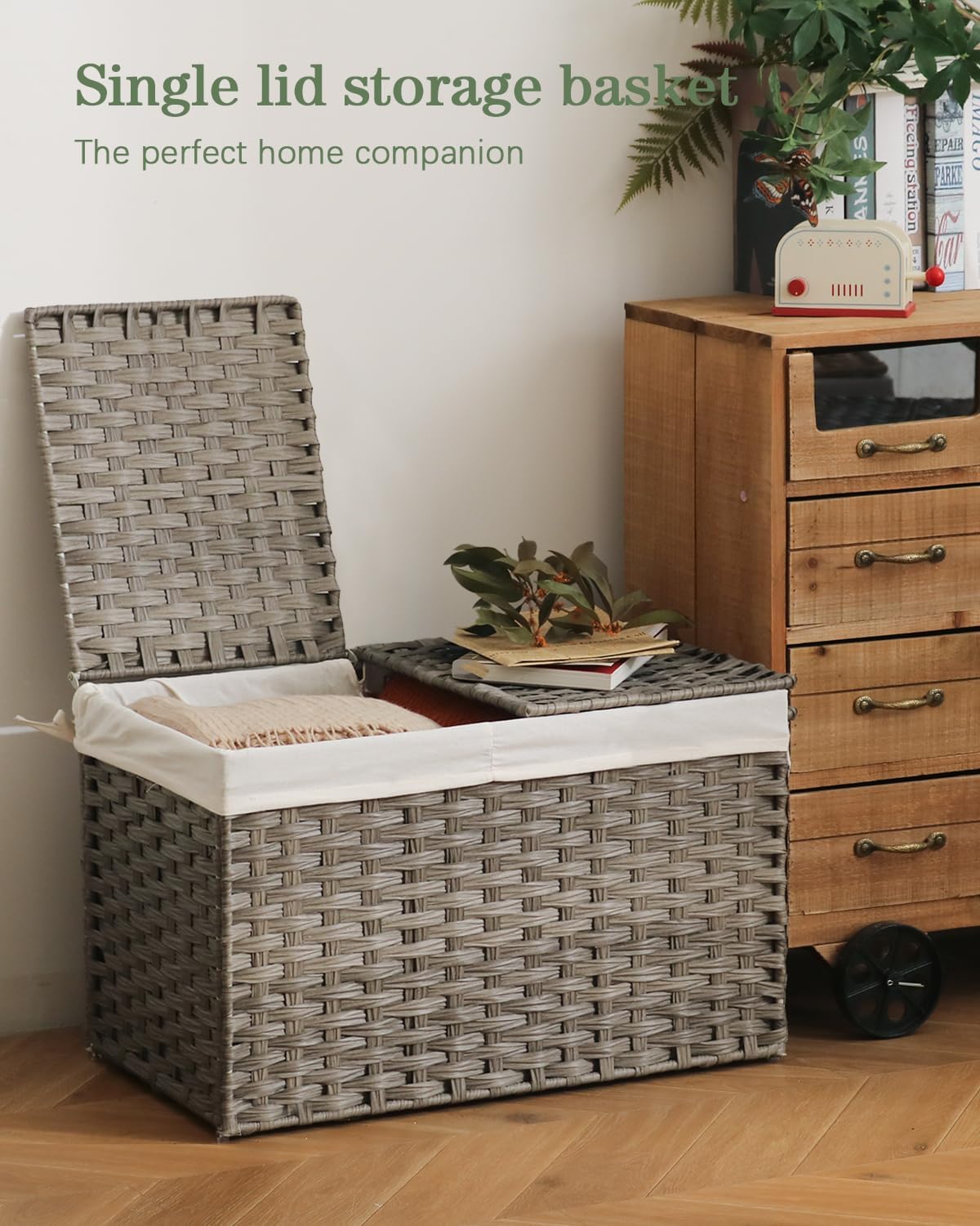 Storage Basket with Lid Rattan, Woven Storage Baskets with 2 Separate Lids, 17.2 Gallon (65 L)
