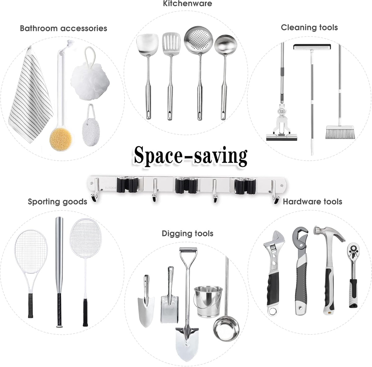 3 Racks and 4 Hooks Broom and Mop Holder Wall Mounted Garage Organizer Storage Tool Racks Stainless