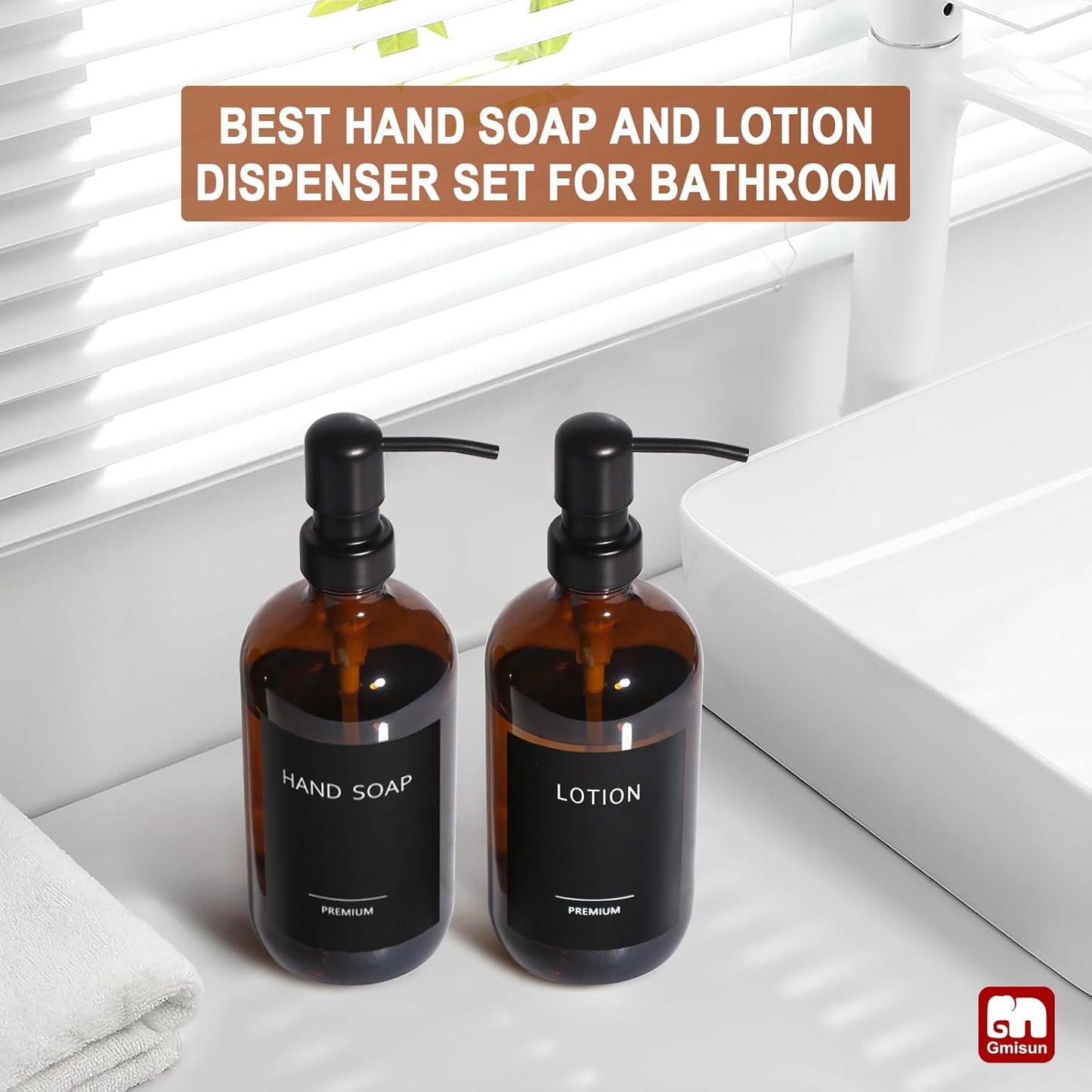GMISUN Amber Glass Soap Dispenser, 2 Pack Bathroom Hand Soap Dispensers with Stainless Steel Pump