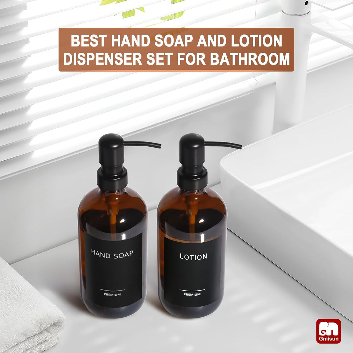 GMISUN Amber Glass Soap Dispenser, 2 Pack Bathroom Hand Soap Dispensers with Stainless Steel Pump