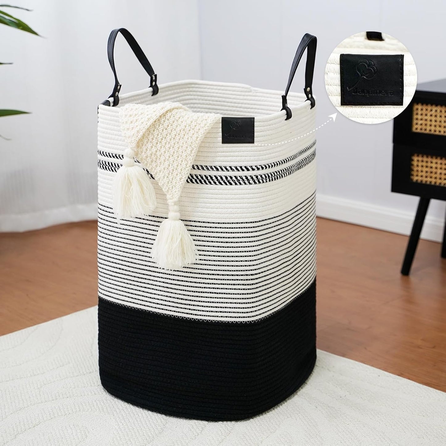 danpinera 75L Woven Laundry Hamper with Long Leather Handles, Baby Laundry Basket for Nursery, Tall