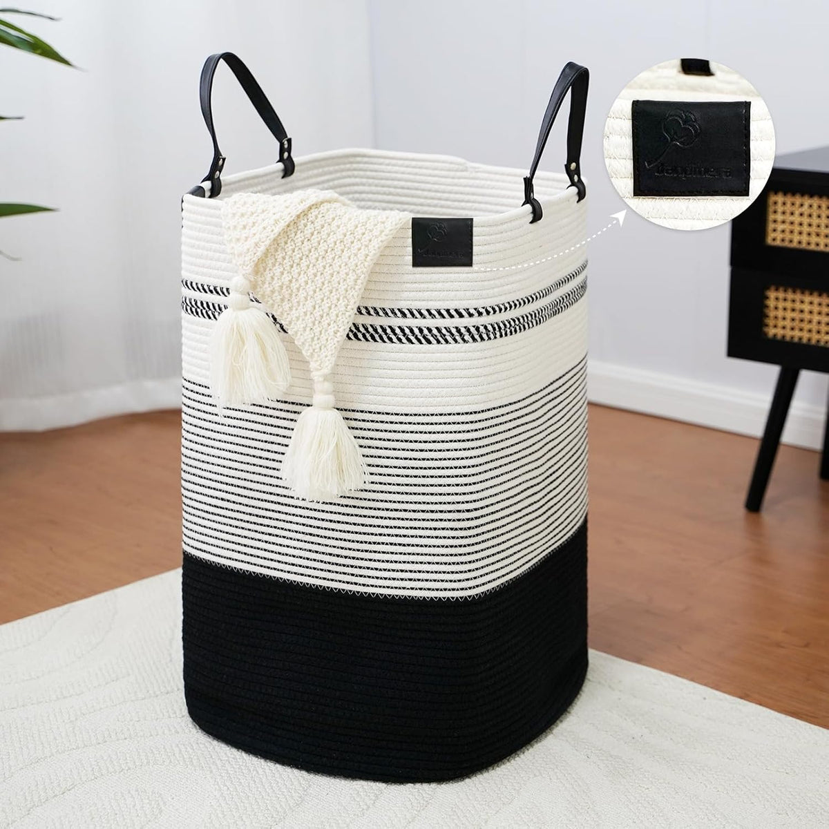 danpinera 75L Woven Laundry Hamper with Long Leather Handles, Baby Laundry Basket for Nursery, Tall