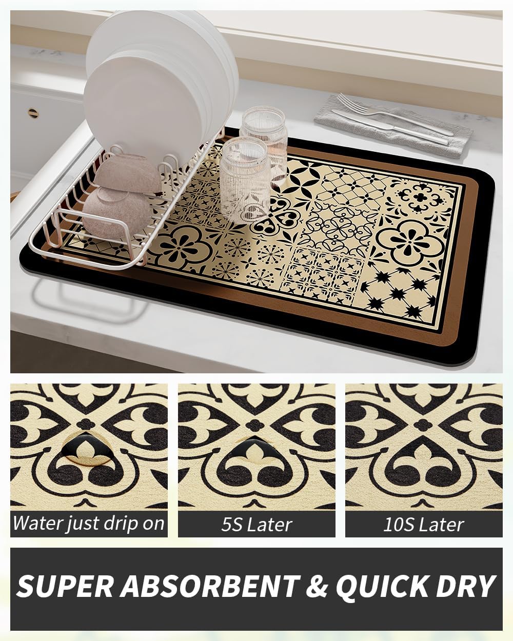 AMOAMI Coffee Mat - Hide Stain Rubber Backed Absorbent Dish Drying Mat for Kitchen Counter - Fits