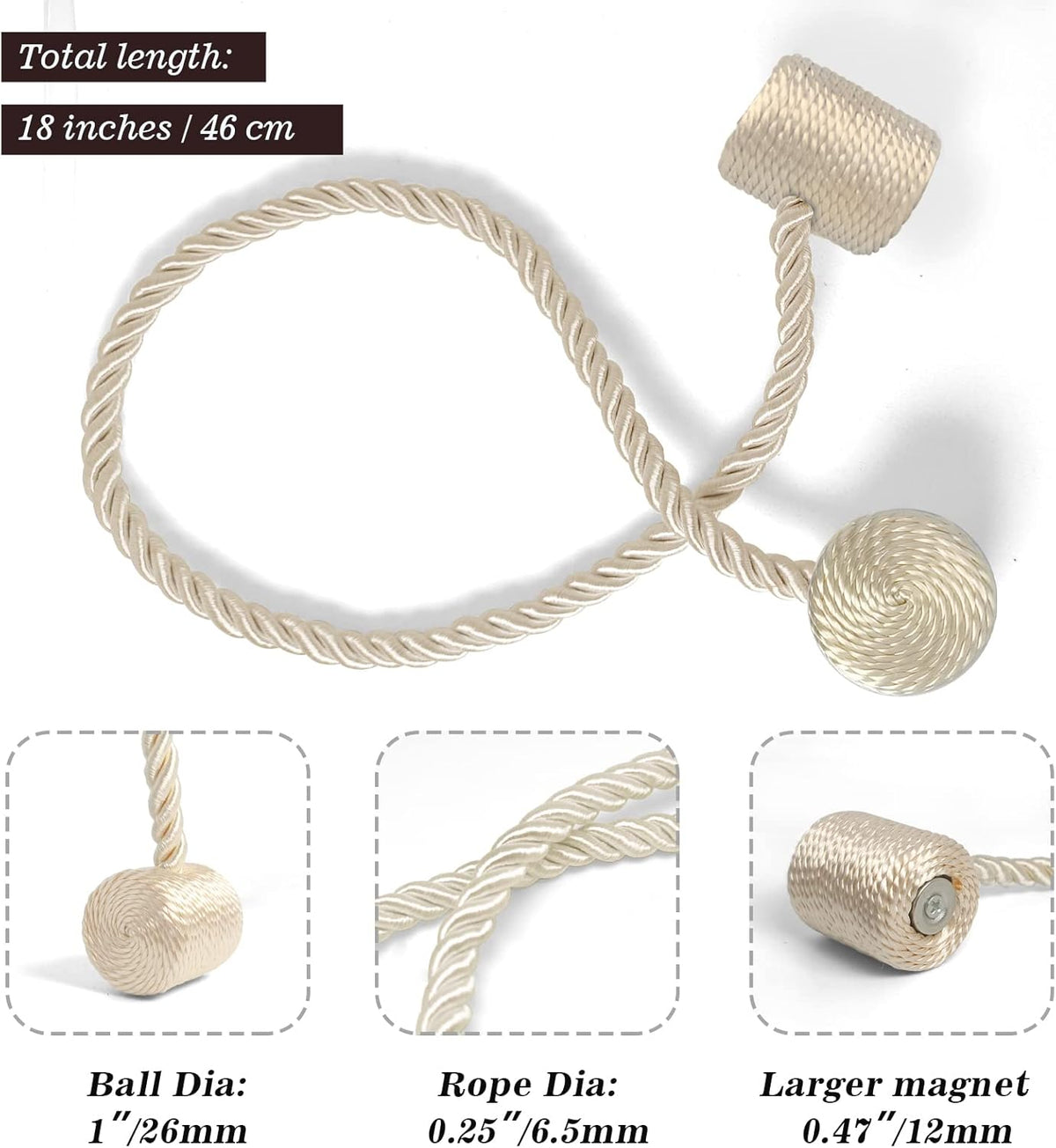 Hion Magnetic Curtain Tiebacks Beige 2pcs, Curtain Tiebacks Buckles Holdbacks Holders Hooks Clip
