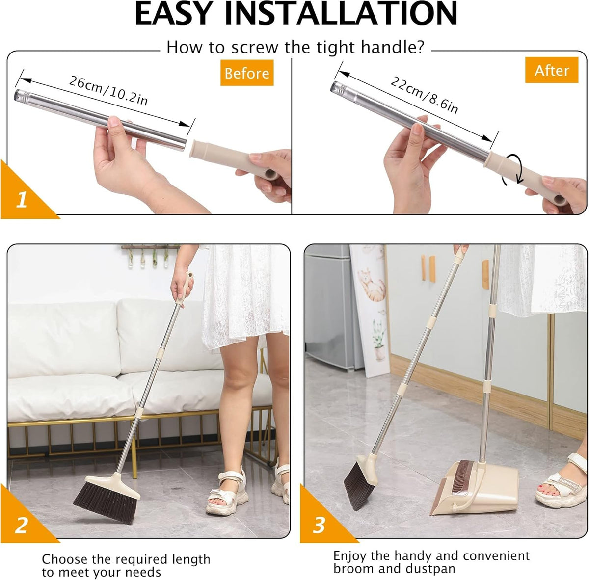 Broom and Dustpan Set with Long Handle, Light Weight Stainless Steel Poles Stand Upright Dustpans