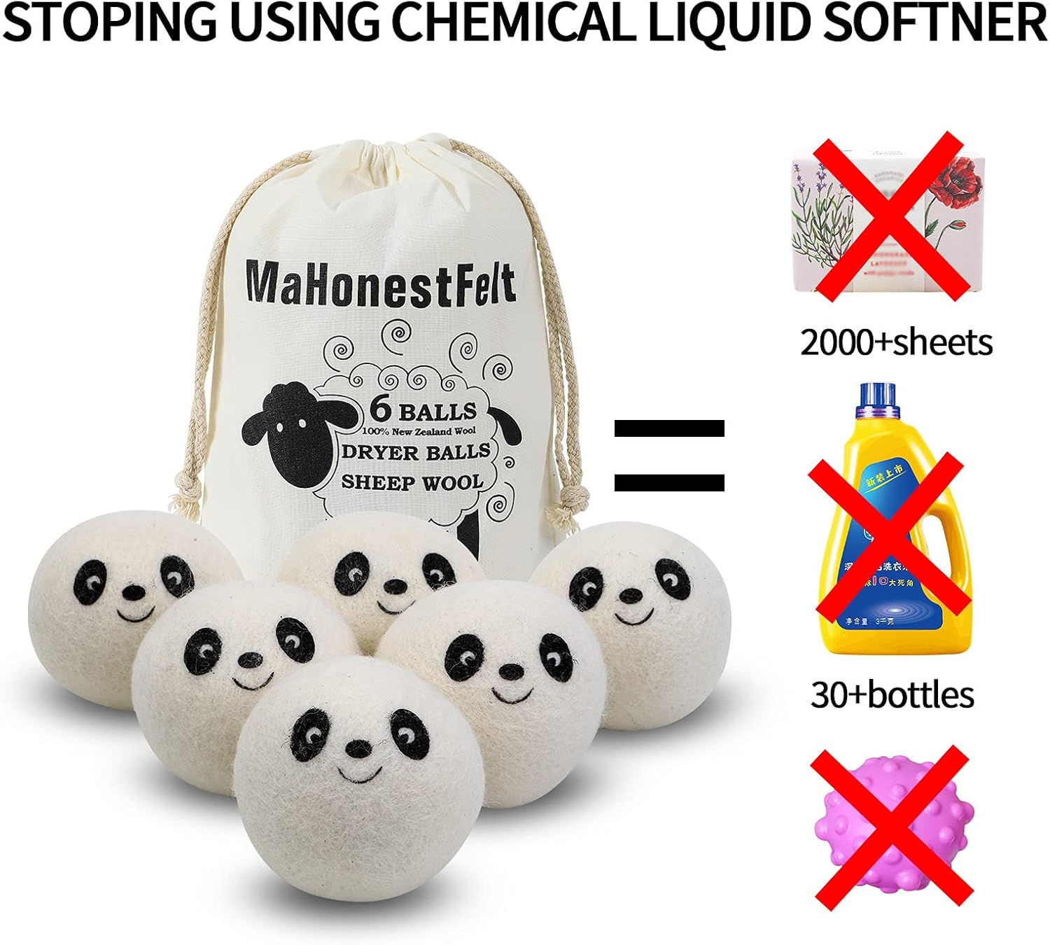 Wool Dryer Balls - Natural Fabric Softener, Reusable, Reduces Clothing Wrinkles and Saves Drying