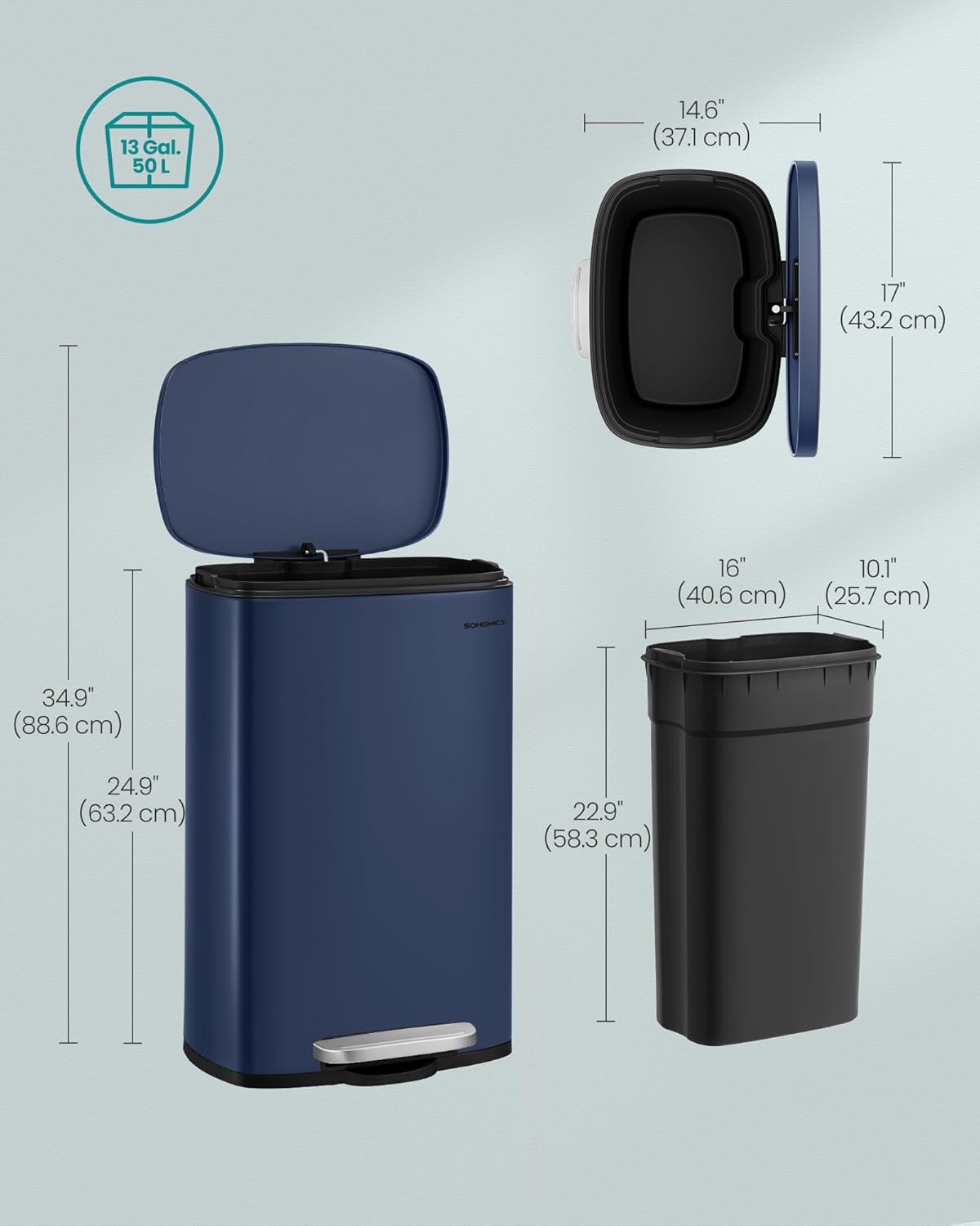 SONGMICS 13 Gallon (50 L) Trash Can, Stainless Steel Kitchen Garbage Can, Recycling or Waste Bin