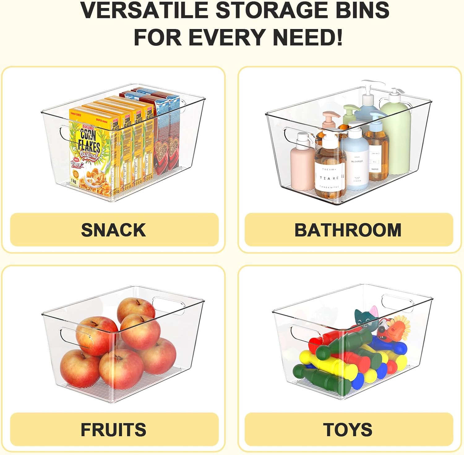 Set of 4 Clear Plastic Storage Bins, 2 Large +2 Small Pantry Organizers and Storage Containers for