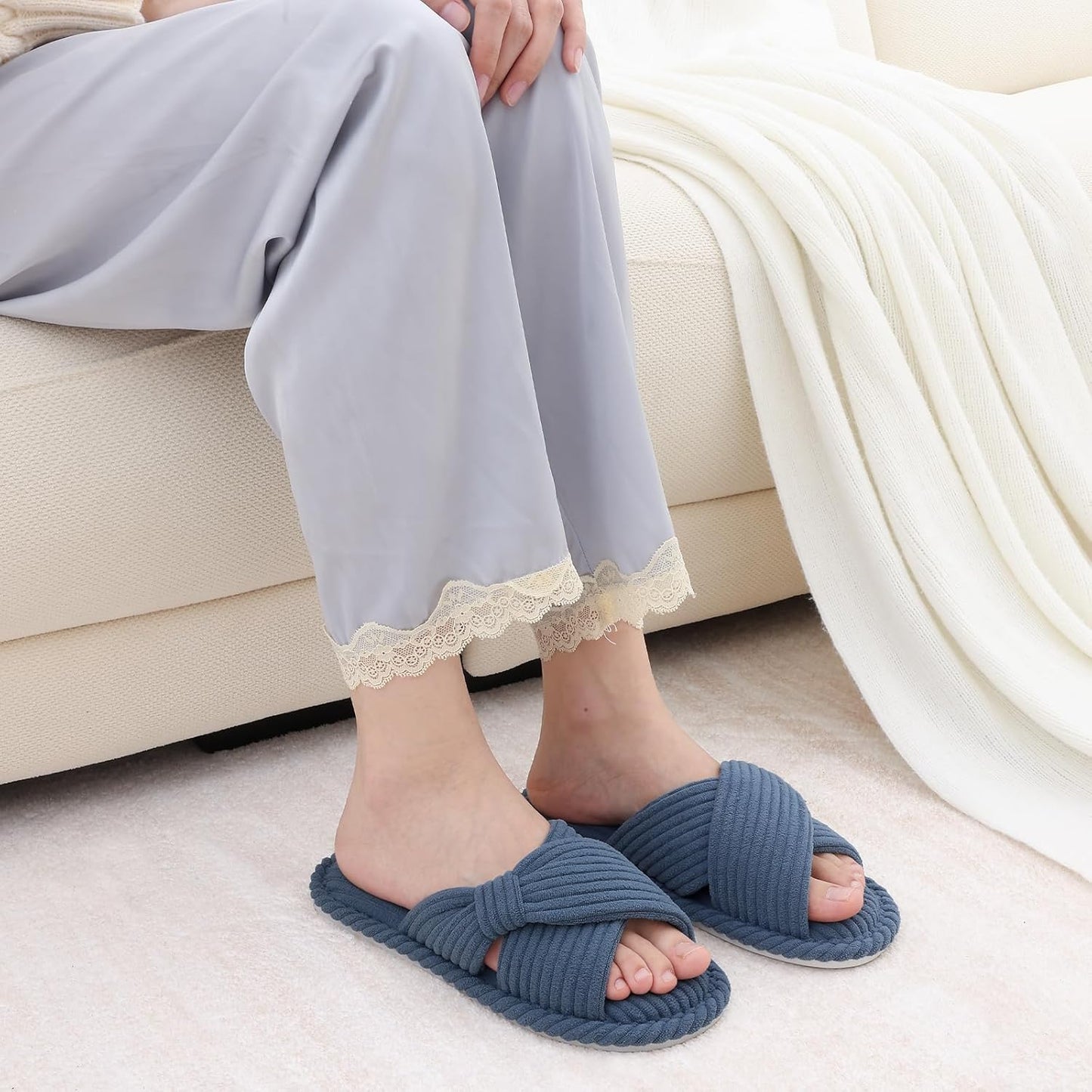 Evshine Summer House Slippers for Women Corduroy Cross Bow Indoor Slippers Open Toe Slip On Bedroom
