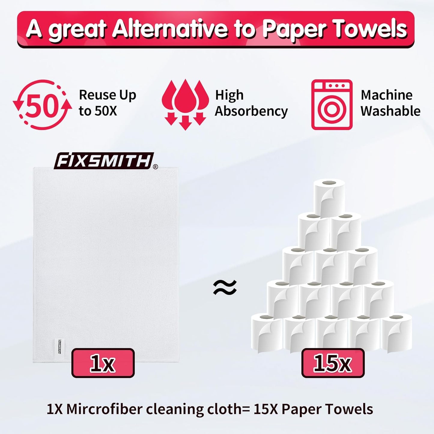 FIXSMITH White Microfiber Cleaning Cloth, Pack of 50, 16"X12" Cleaning Rags for Housekeeping and