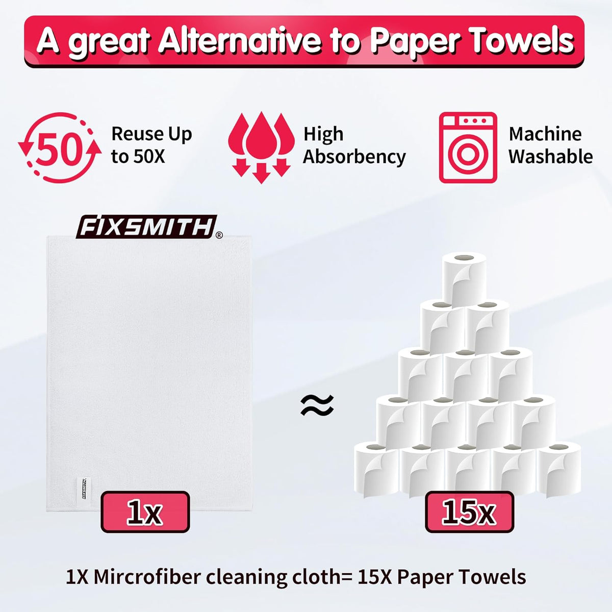 FIXSMITH White Microfiber Cleaning Cloth, Pack of 50, 16"X12" Cleaning Rags for Housekeeping and