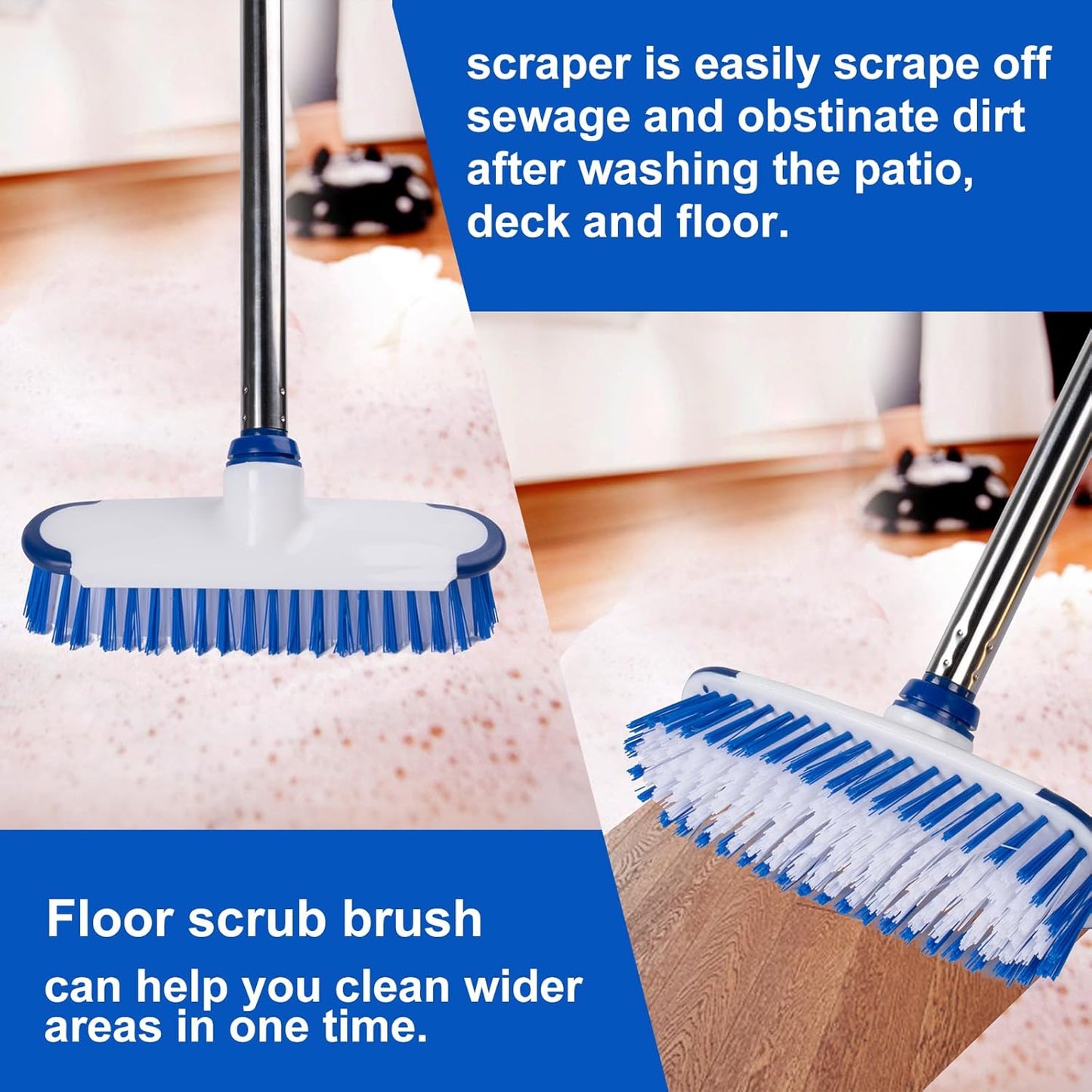ITTAHO Floor Scrub Brush with Long Handle, 2 in 1 Deck Scrub Brush, Stiff Bristle Scrub Broom &