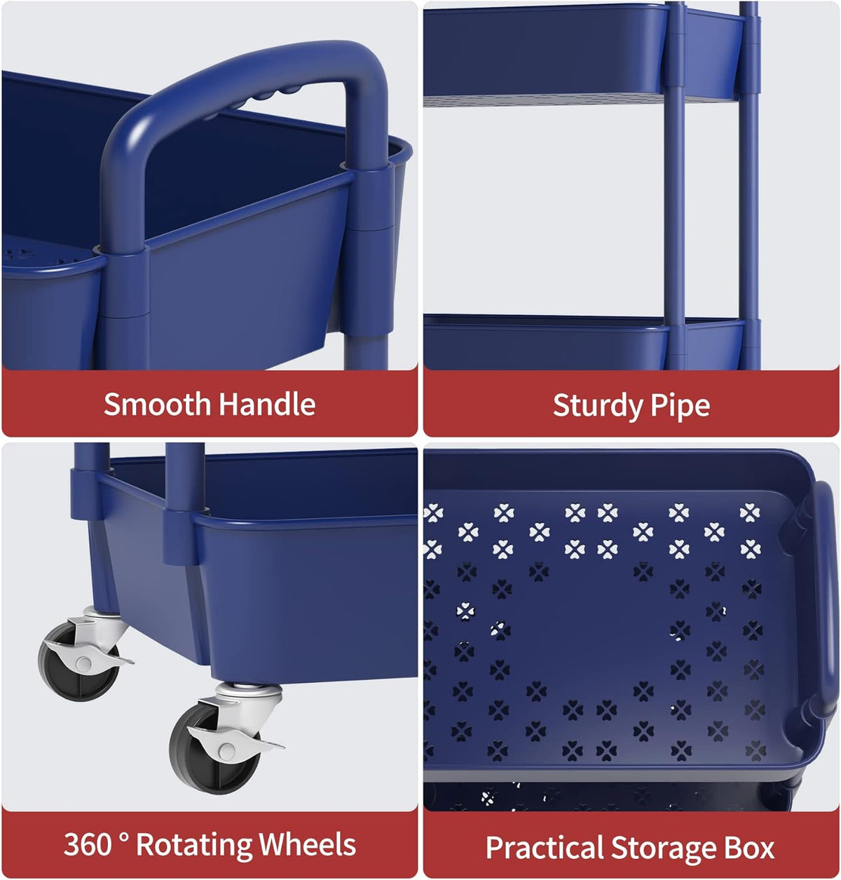 Sywhitta 3-Tier Plastic Rolling Utility Cart with Handle, Multi-Functional Storage Trolley for