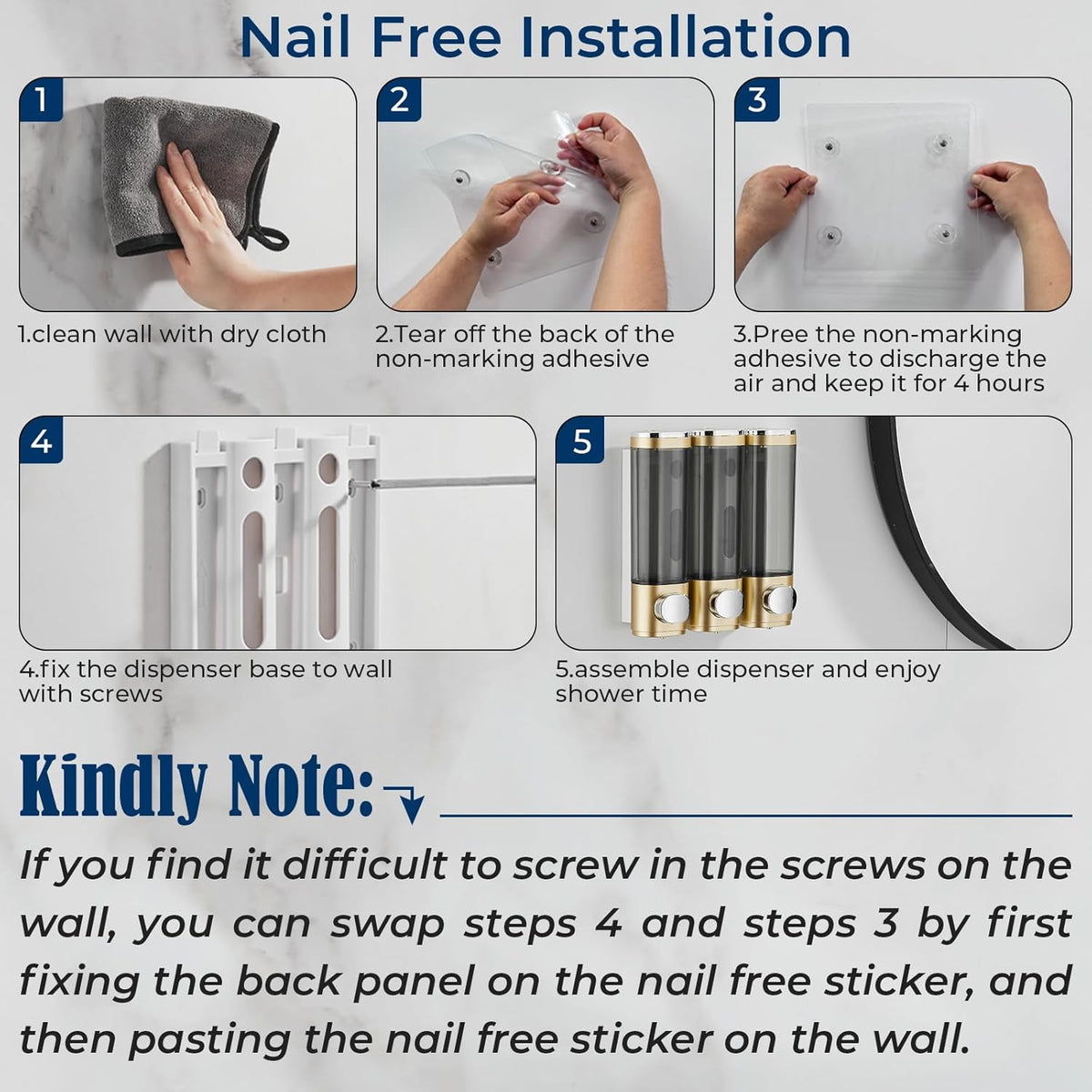 pollock Shampoo Conditioner Dispenser Shower Soap Dispenser 3 Chamber No Drill Shampoo Dispenser