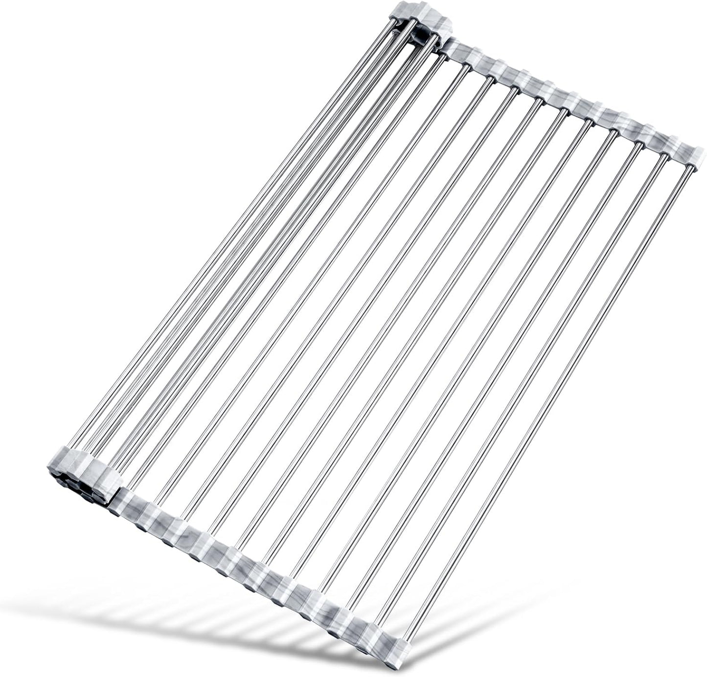 Tomorotec Stainless Steel Roll-Up Dish Drying Rack Marble Color Silicone Edges, Foldable Kitchen