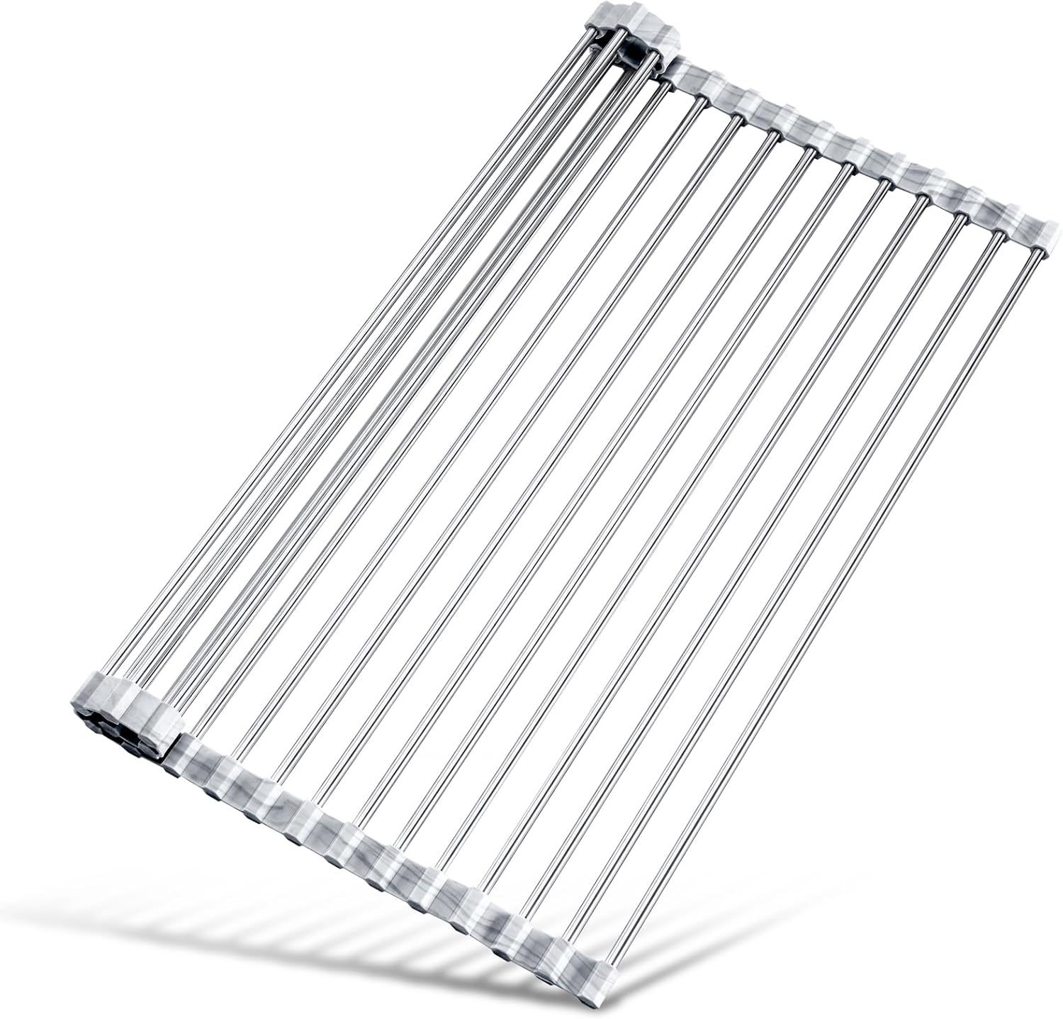 Tomorotec Stainless Steel Roll-Up Dish Drying Rack Marble Color Silicone Edges, Foldable Kitchen