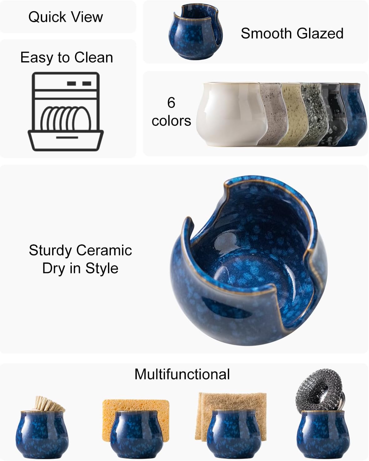 Ceramic Sponge Holder, Kitchen Sink Scrubby Caddy Organizer Dish Sponge Dish Rack for Scrubbers