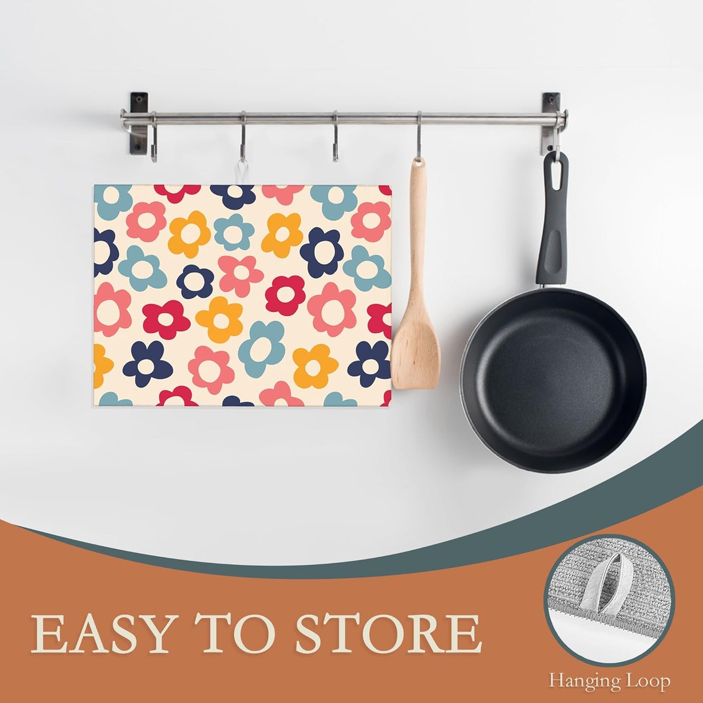 Vintage Groovy Flowers Dish Drying Rack Mats Decor,Colorful Daisy Dish Pad Drying Mat Kitchen