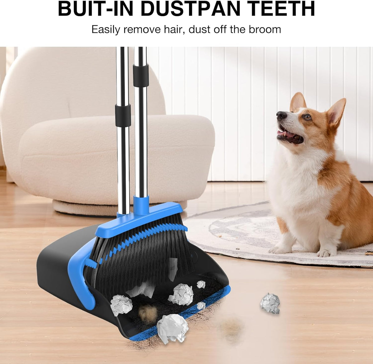 Broom and Dustpan Set, 52-in Long Adjustable Handle Broom Dustpan Combo with Dust pan Teeth to