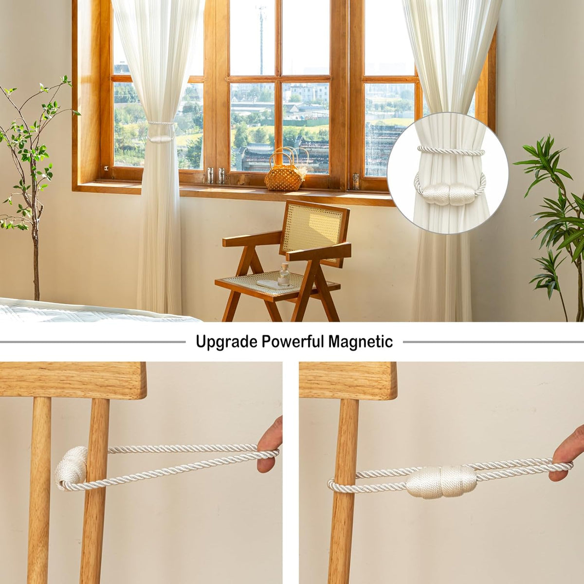 Magnetic Curtain Tiebacks - Rope Tie Backs for Curtains & Drapes - Decorative Window Holdbacks (6