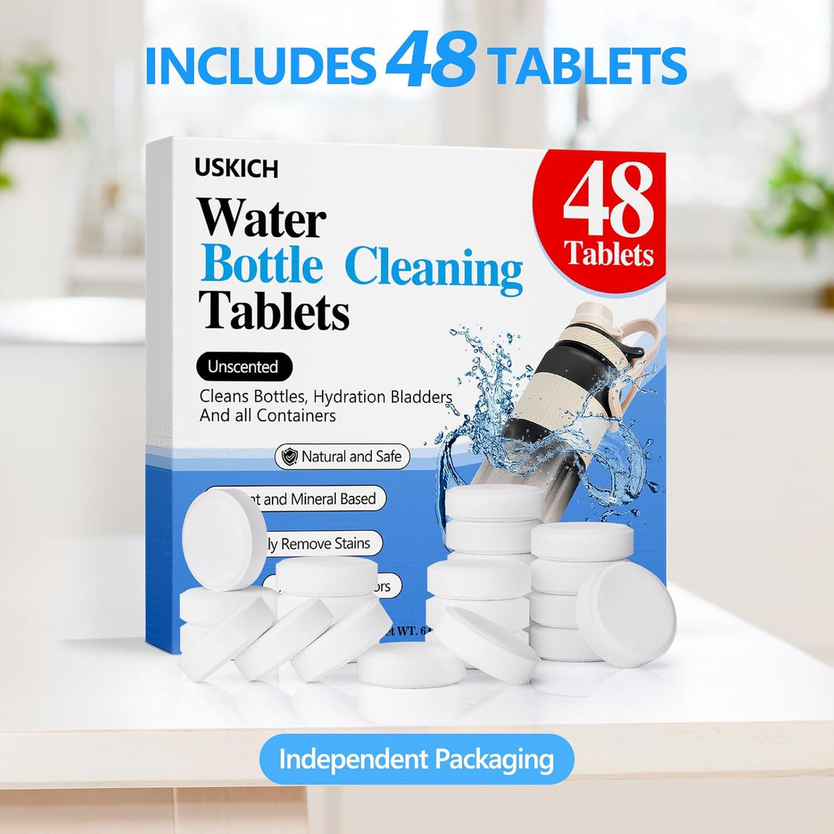 USKICH 48 Pack Water Bottle Cleaning Tablets,Water Bottle Cleaner Great for Stainless Steel