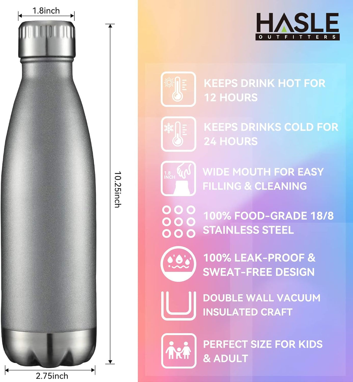 HASLE OUTFITTERS 17oz Stainless Steel Water Bottles Bulk, Vacuum Insulated Water Bottles Double