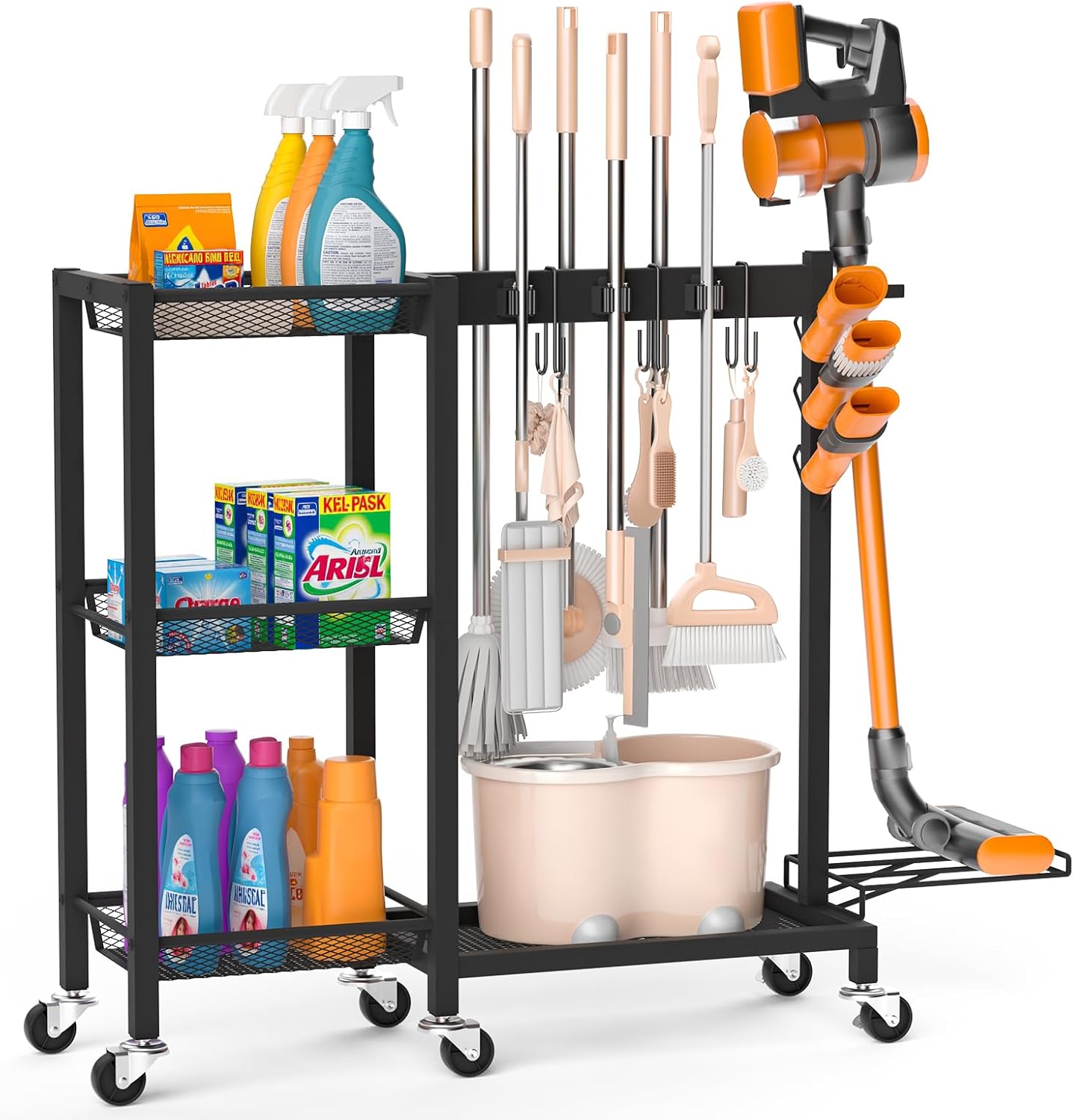 Cleaning Supplies Organizer with Broom Holder Load 350 LBS Cleaning Cart with Wheels Broom Closet
