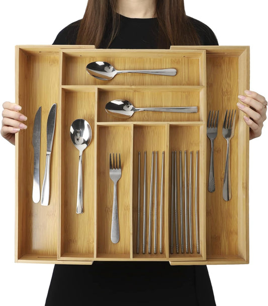 Expandable Bamboo Drawer Organizer – Large 20"x16.9" Size with Adjustable Dividers – for Kitchen