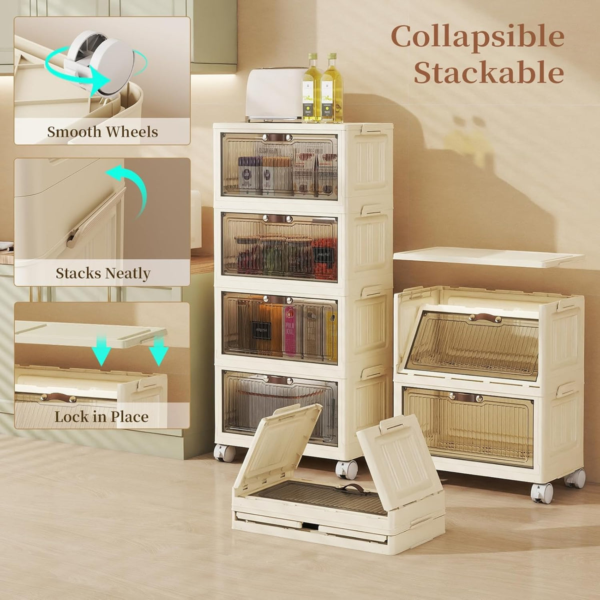 5 Tier - 48QT Storage Bins with Lids, Collapsible Storage Bins with Doors and Wheels, Plastic