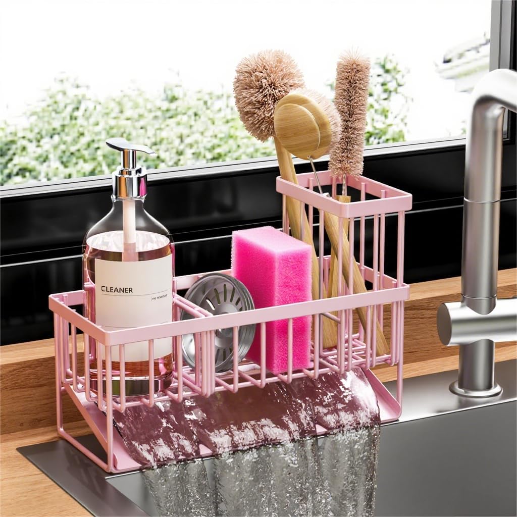 Cisily Pink Kitchen Sink Caddy Organzier with High Brush Holder, Sponge Holder for Sink, 304