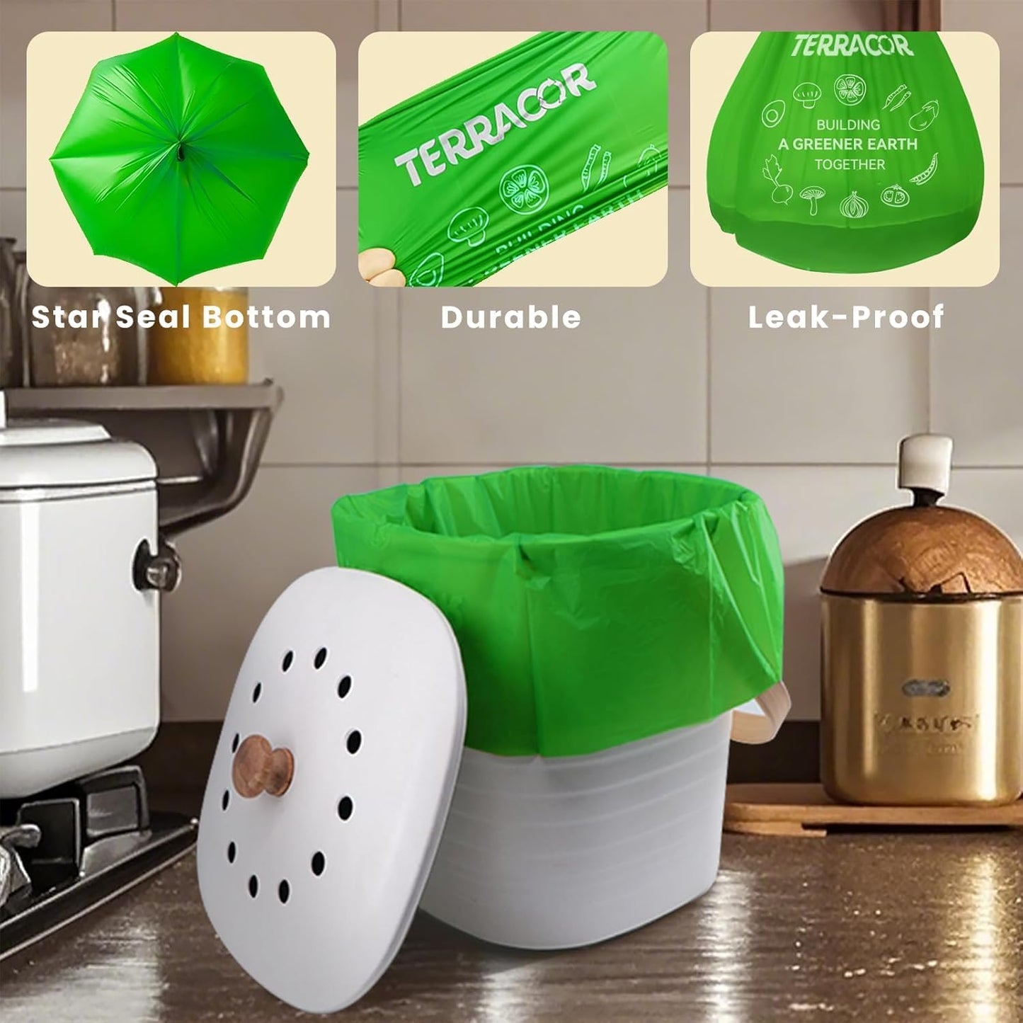 1.3 to 1.6 Gallon Compostable Trash Bags, 35 Count Green Compost Bags for Countertop Bin, Food