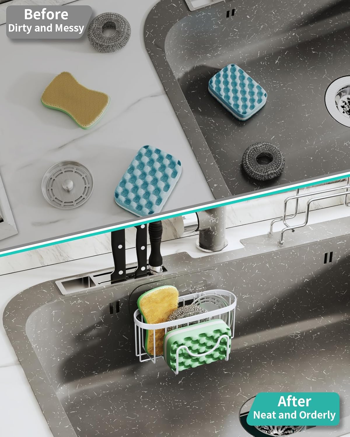HapiRm Sponge Holder for Kitchen Sink - Sink Caddy with Unique M-Shaped, 2 Installation Methods