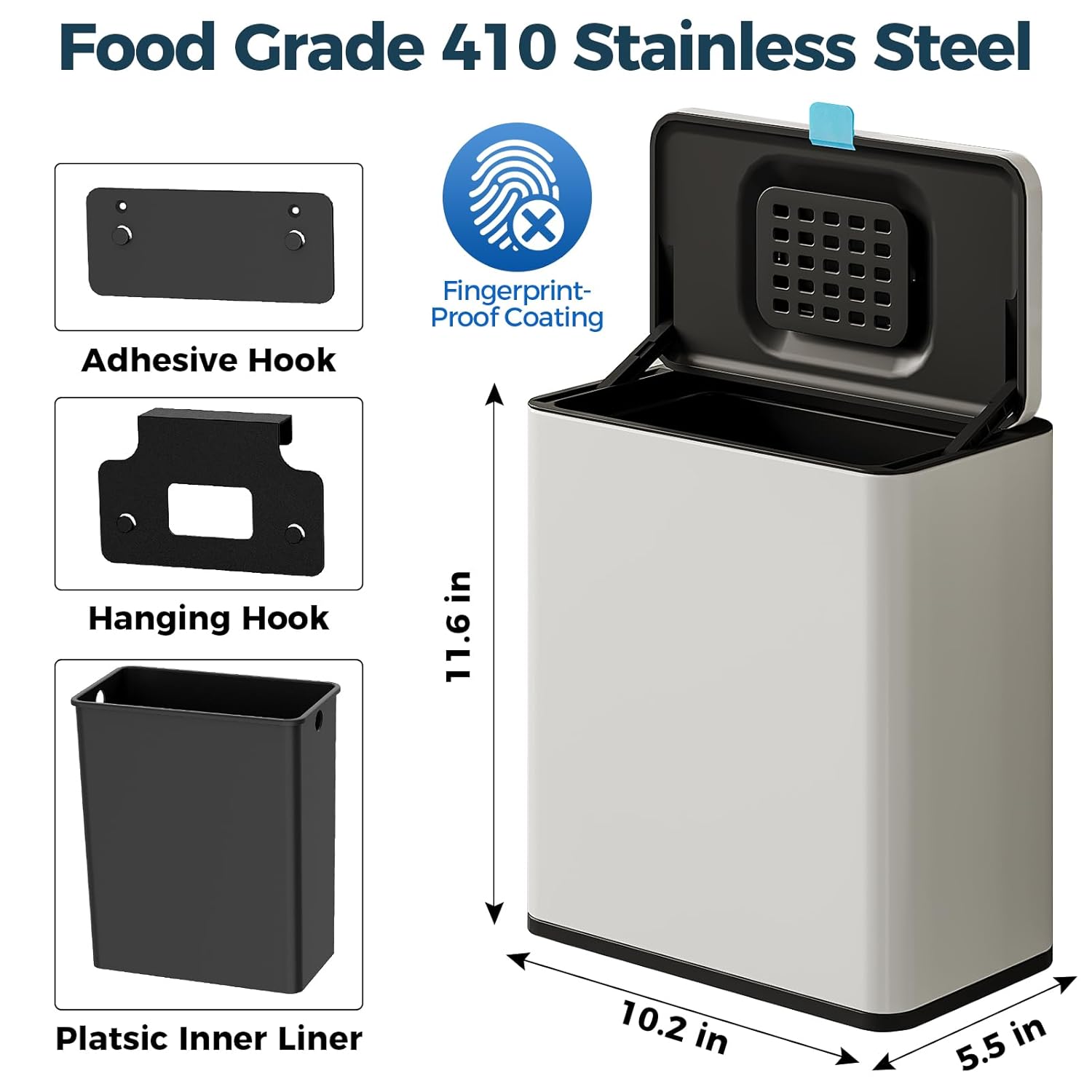 Stainless Steel Hanging Trash Can with Lid and Inner Bucket, 2 Gallon Kitchen Compost Bin for