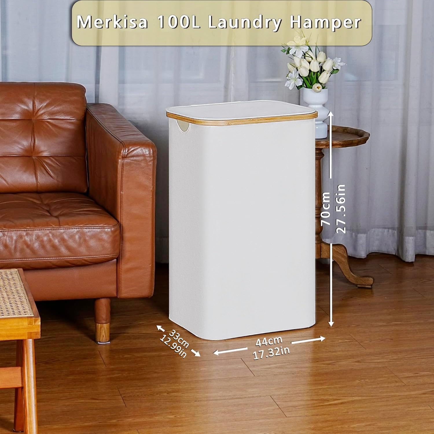 100L Laundry Hamper with Lid, Lagre Basket with Bamboo Handles,Foldable Clothes Hamper Tall Dirty