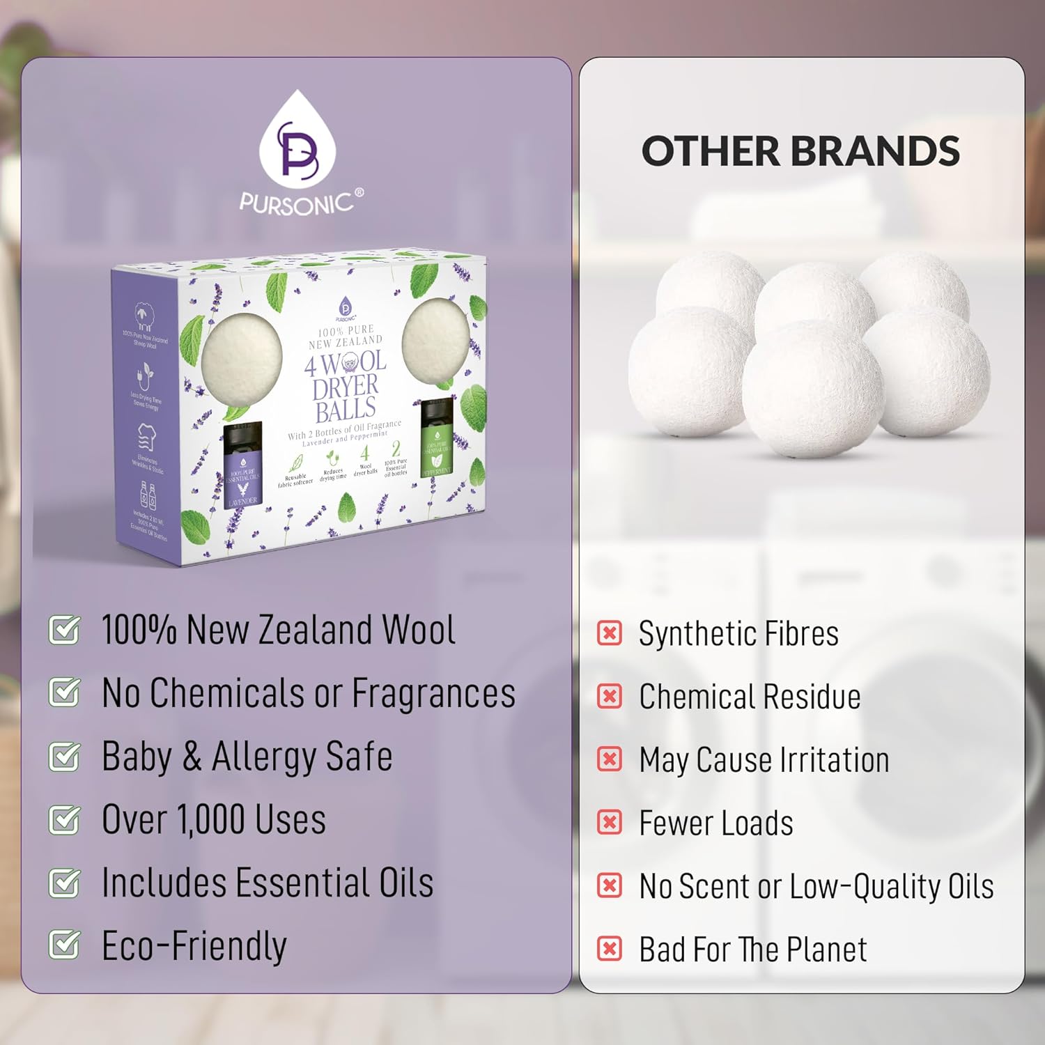 Pursonic 4-Pack Laundry Wool Dryer Balls with Lavender & Peppermint Essential Oil Scent - Reusable