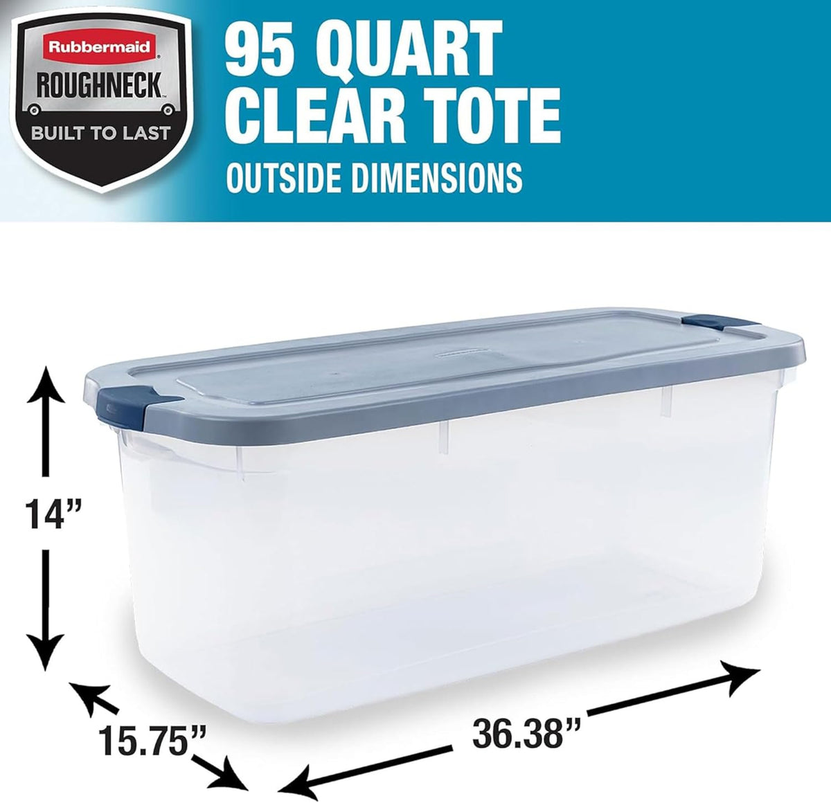 Rubbermaid Roughneck Clear 95 Qt/23.75 Gal Storage Containers, Pack of 4 with Latching Grey Lids