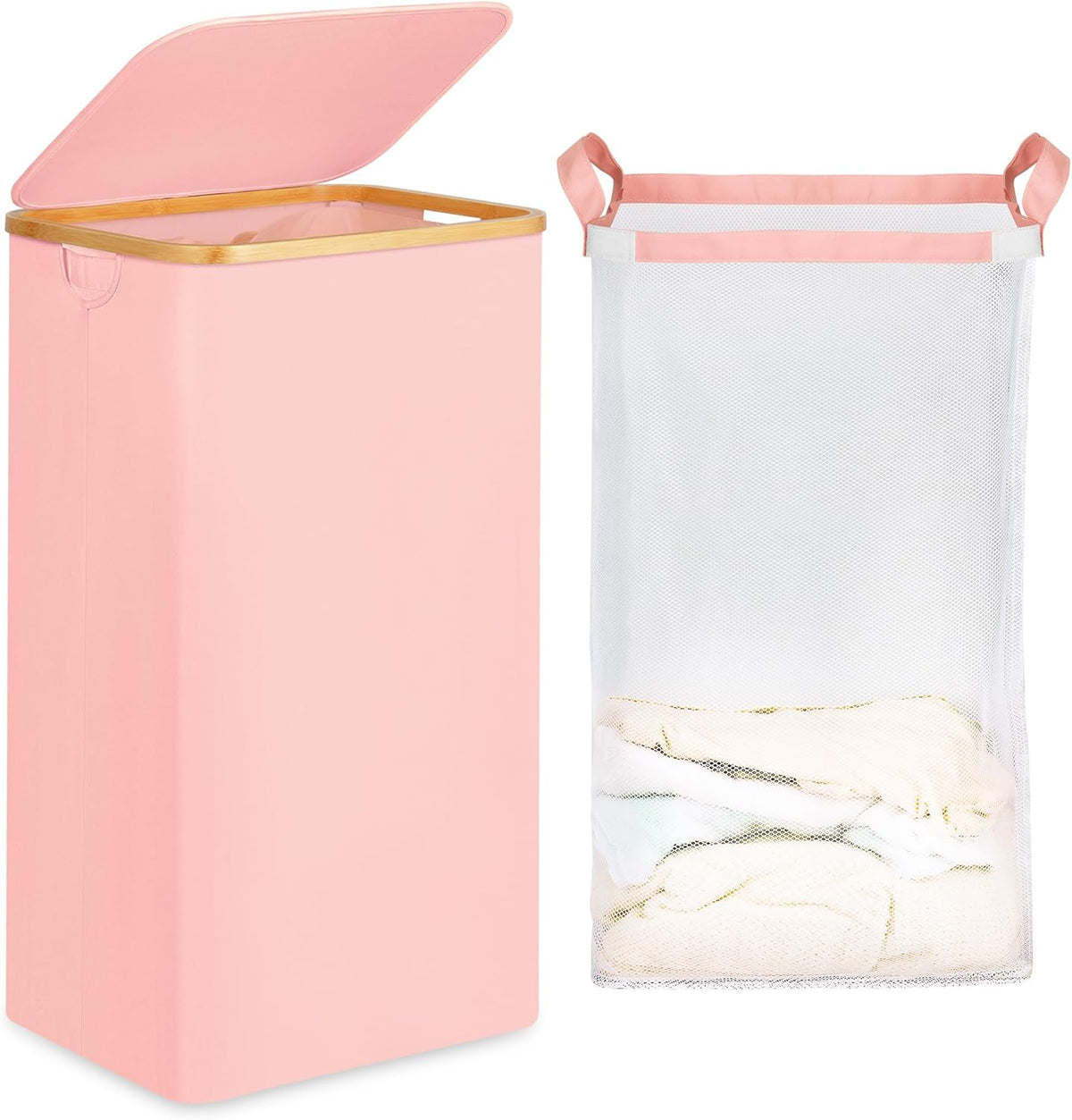 26 Gal Laundry Basket with Lid and Net Bag, Tall Laundry Hamper with Bamboo Handles, Aesthetic