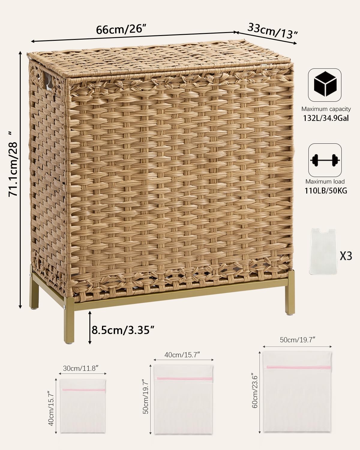Laundry Hamper with Lid 132 L, (35 Gallons) Clothes Hamper with Lid, Handwoven Rattan Laundry