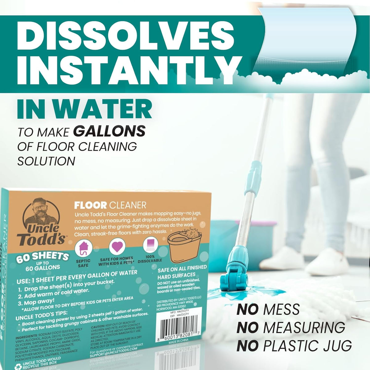 Uncle Todd's Ultra Concentrated Floor Cleaner For Mopping: 60 Natural, 100% Dissolvable Sheets for
