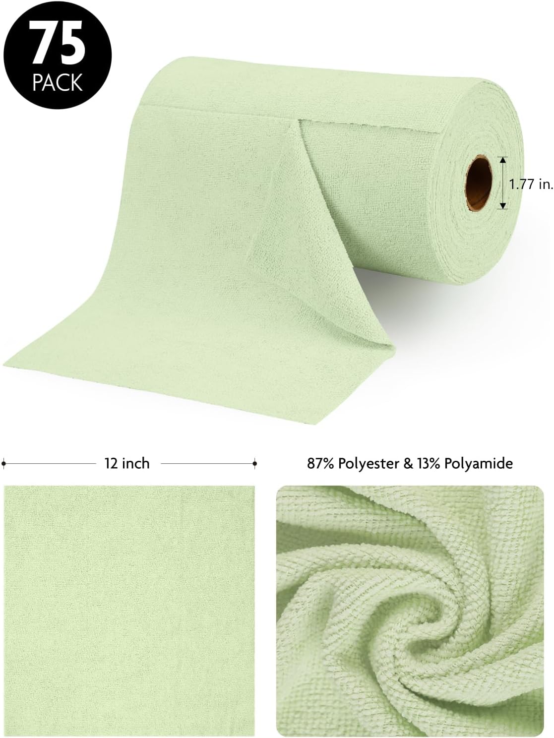 Fantasticlean Microfiber Cleaning Cloth Roll -75 Pack, Tear Away Microfiber Towels, 12" x 12"