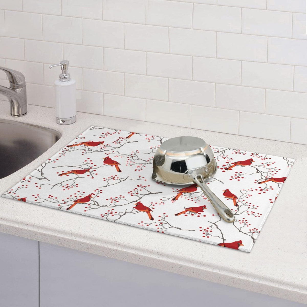 Cardinal Bird Red Berry Decor Microfiber Dish Drying Mat for Kitchen Counter Cute Dishes Pad Dish