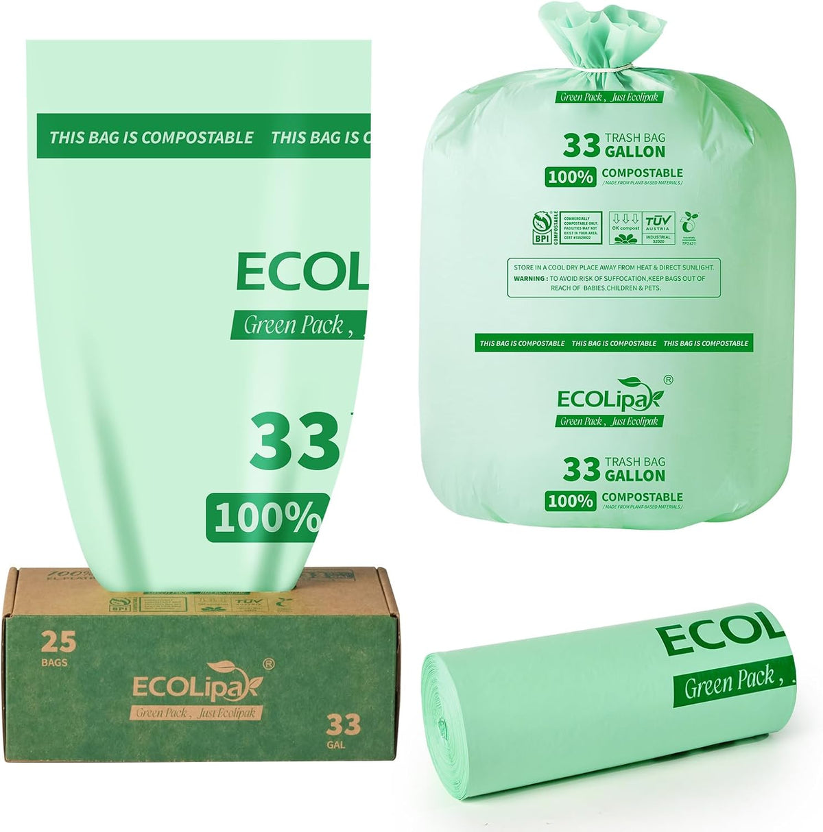 ECOLipak 33 Gallon Compostable Trash Garbage Bags, 25 Count (1 Roll) Biodegradable Heavy Duty Large