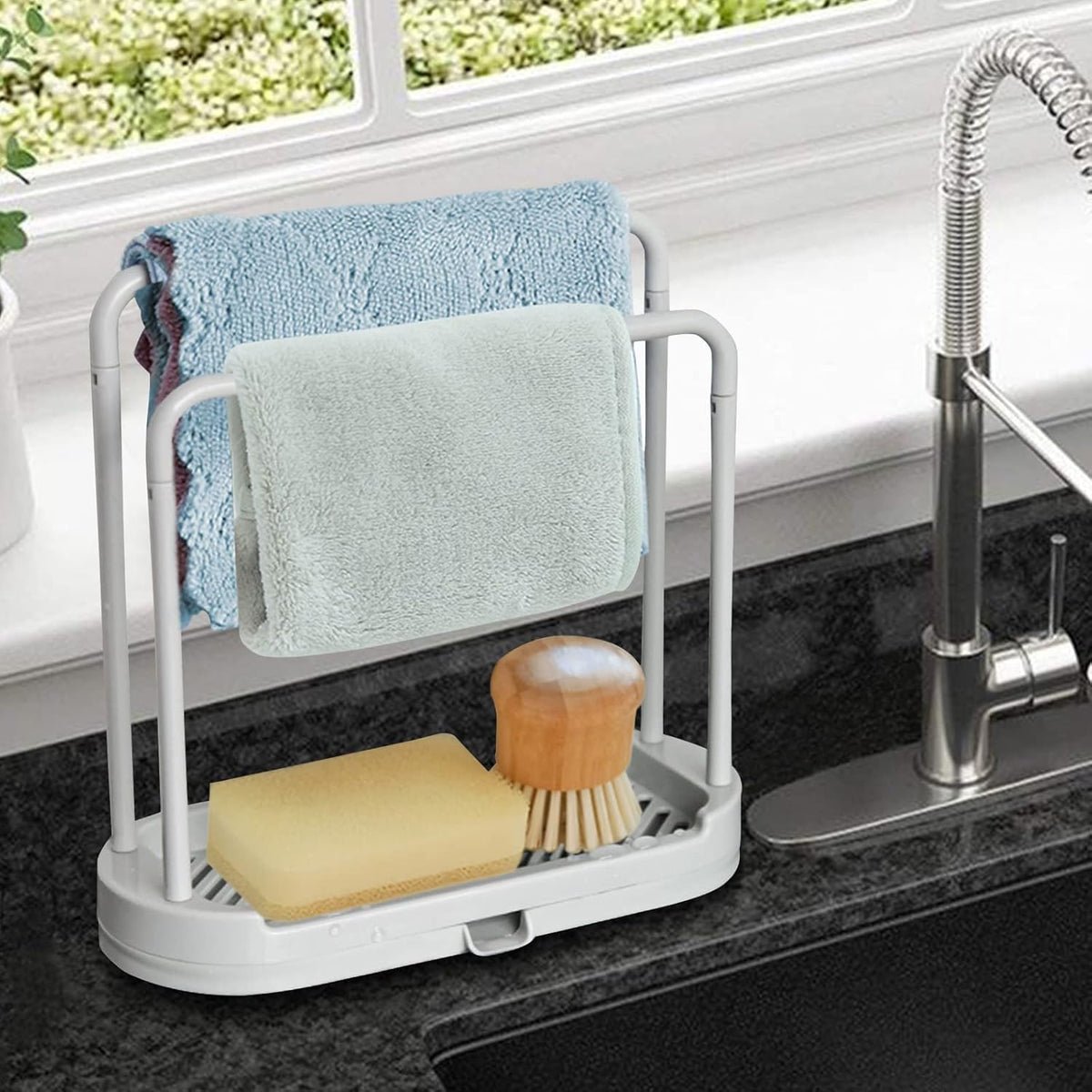 Kitchen Sponge Holder Dishcloth Hanger, Kitchen Sink Rack Tray Organizer Stand for Sponge, Dish