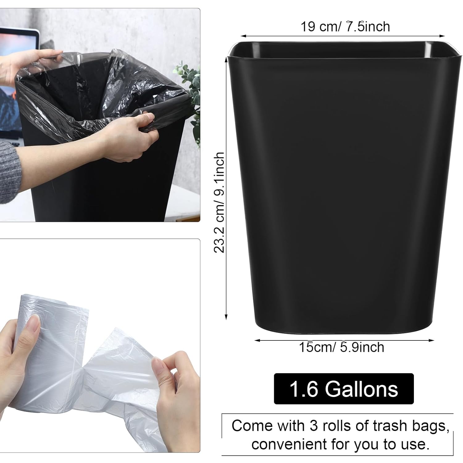 Eccliy 6 Pack Plastic Trash Can with 3 Rolls of Trash Bags Small Wastebasket Garbage Bin Container