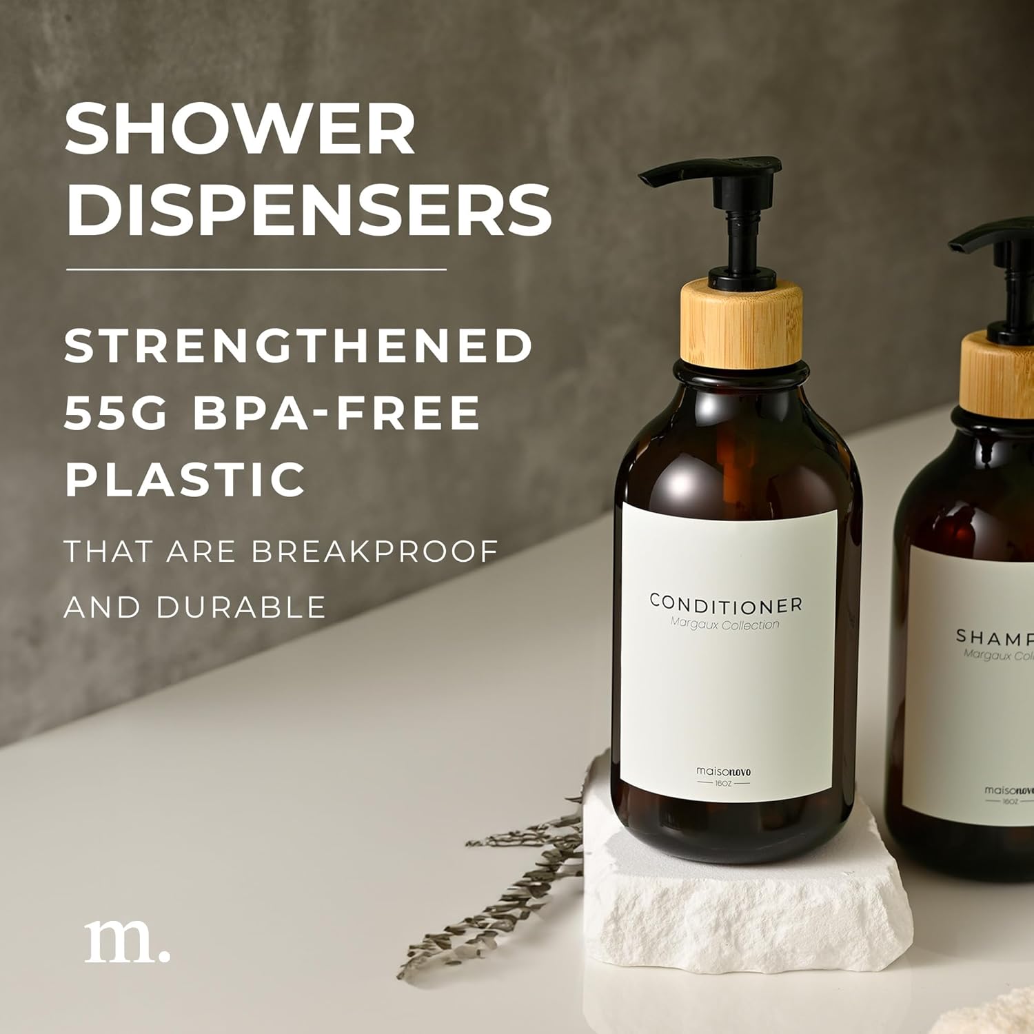 MaisoNovo Refillable Shampoo and Conditioner Bottles | 16.9 fl oz Set of 3 Amber Plastic Bottles